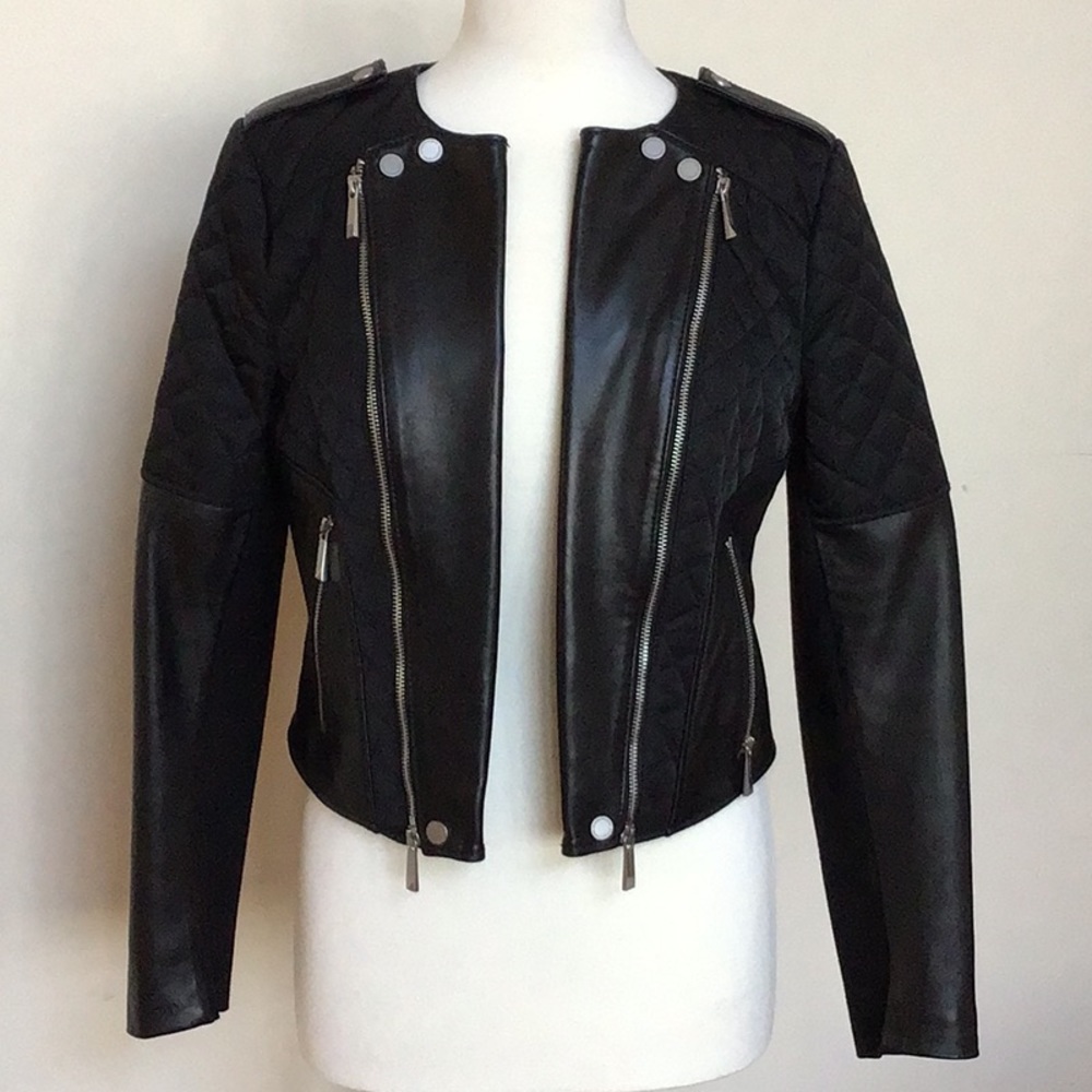 BCBGMAXAZRIA Mixed Leather/Fabric Jacket.